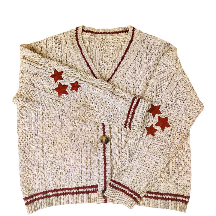 Ladies chunky cardigan with stylish star appliqués and contrasting details Lune London