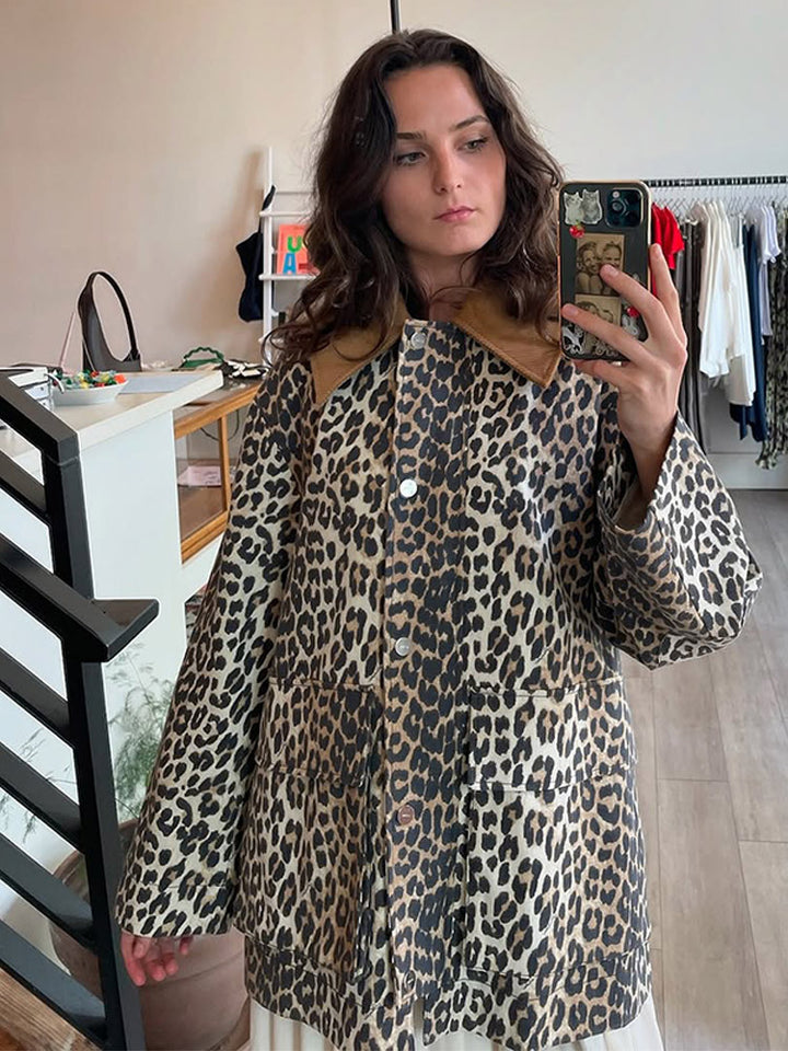 Women's Oversize Field Jacket with Leopard Print and Contrasting Cord Collar Amarae
