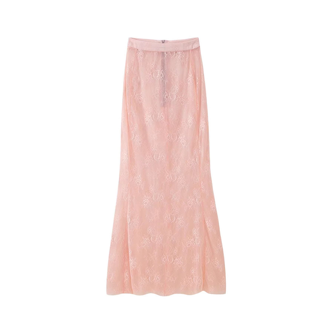 Women Long Lace Maxi Skirt with Elastic Band and Transparent Insert Amarae