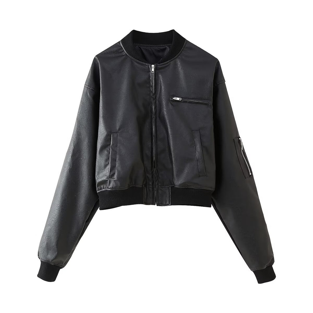 Women's trendy bomber jacket with casual leather look and practical pockets Lune London