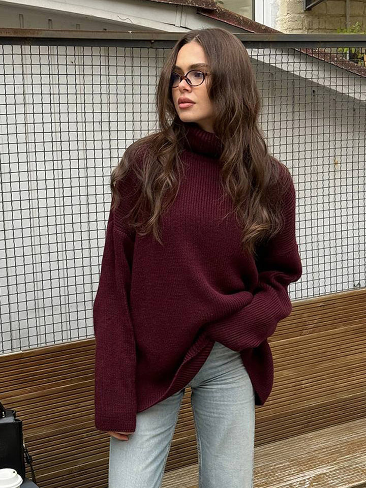 Women Oversized Ribbed Knit Turtleneck Sweater with Extended Cuff Amarae