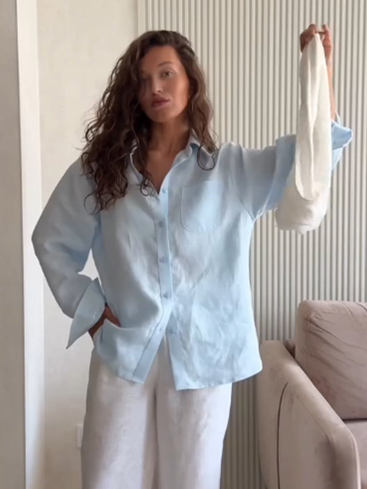 Women's Oversized Linen Shirt Blouse with Chest Pocket and Casual Fit Amarae