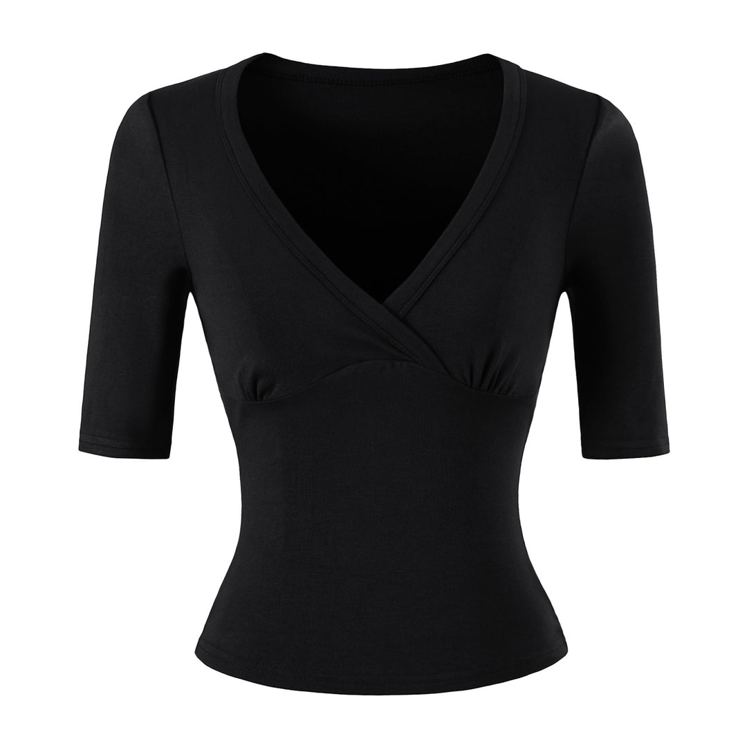 Women's body-hugging wrap shirt with deep V-neck, three-quarter sleeves, and waist accentuation Amarae