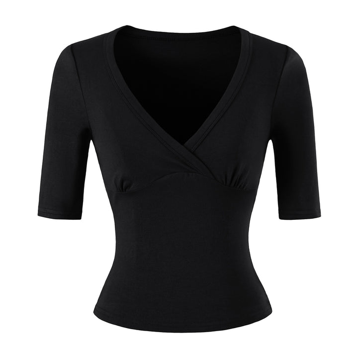 Women's body-hugging wrap shirt with deep V-neck, three-quarter sleeves, and waist accentuation Amarae