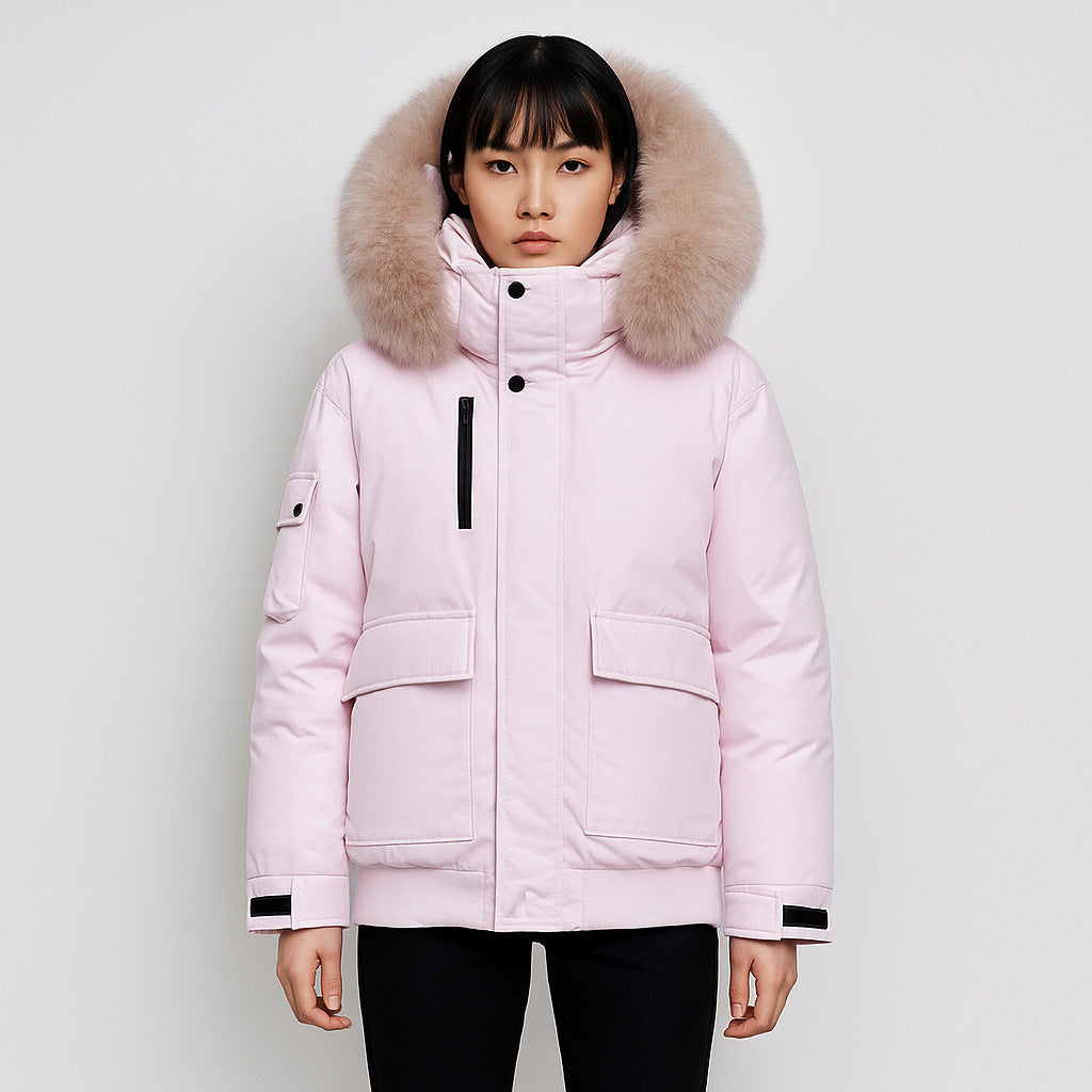Winter coat for women with bulky faux fur collar and functional pockets Lune London