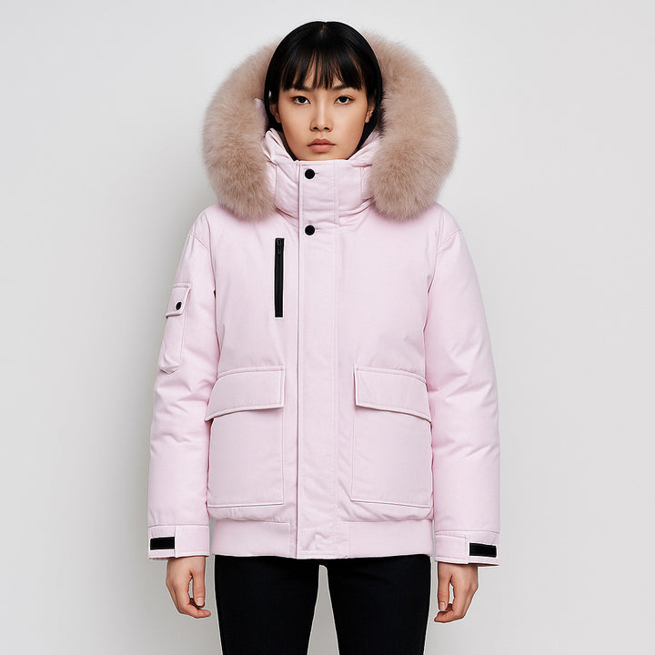 Winter coat for women with bulky faux fur collar and functional pockets Lune London