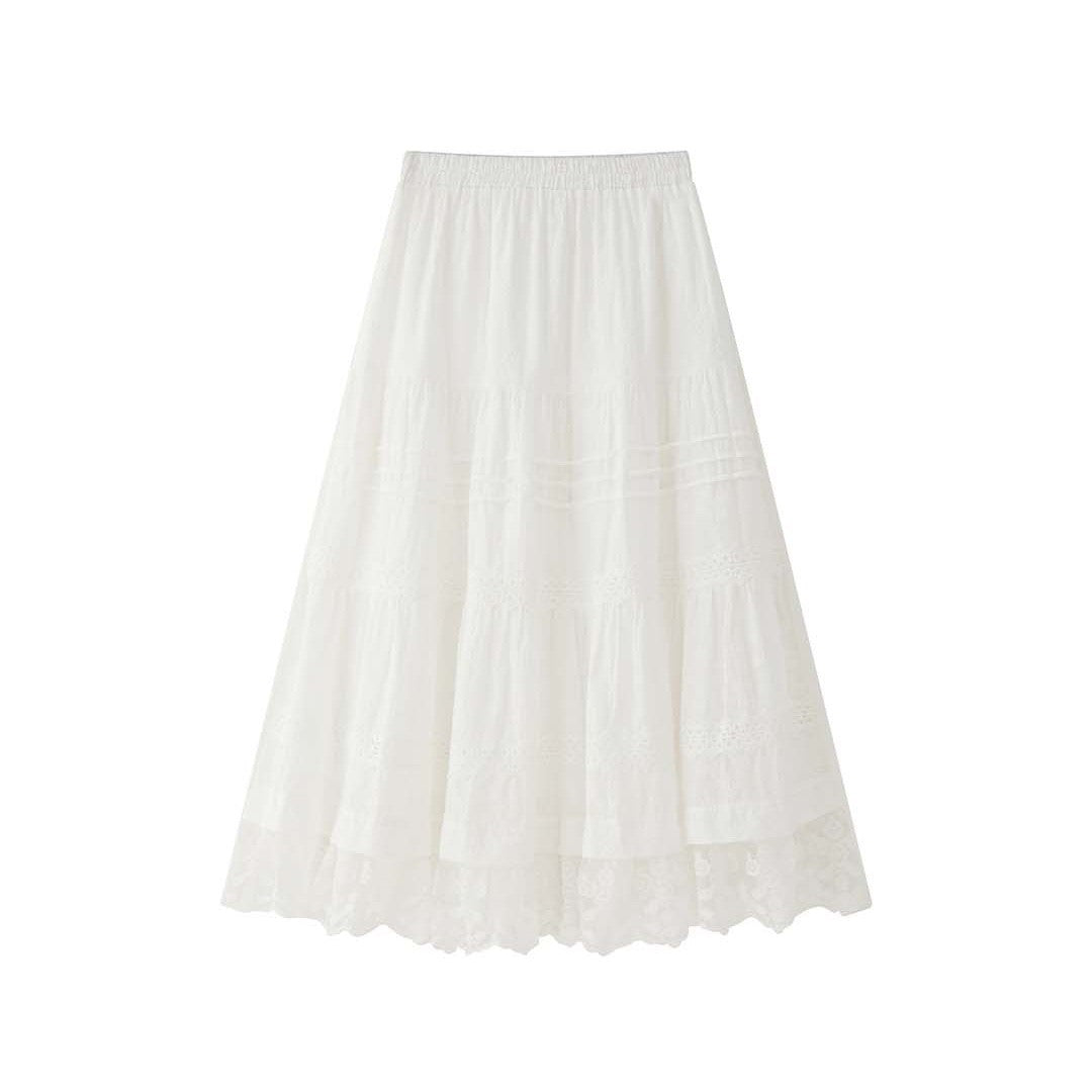 Women Long Tiered Skirt with Lace Layers and Elastic Waistband Amarae