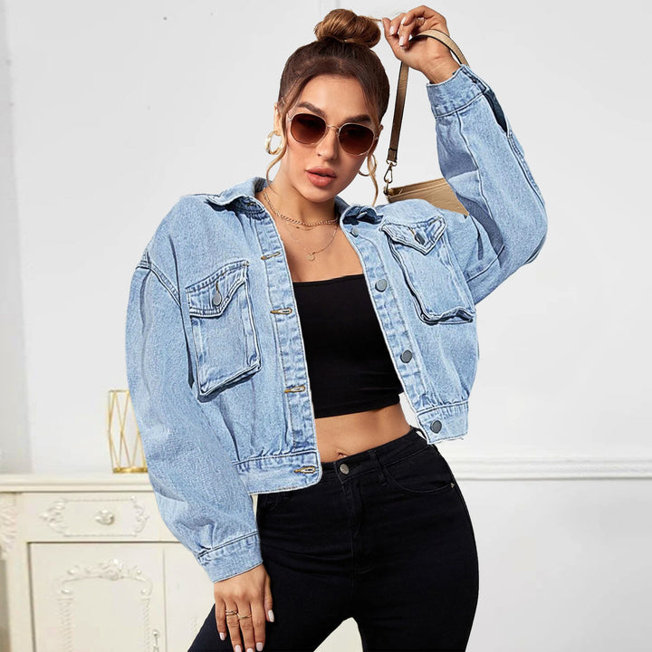Women Cropped Boxy Denim Jacket with Patch Chest Pockets and Short Hem Amarae