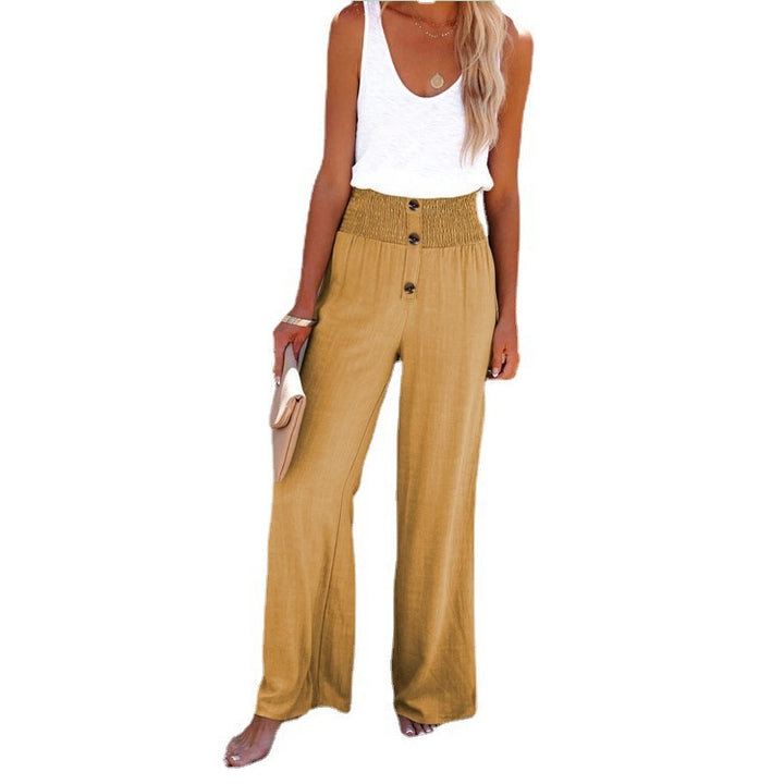 Ladies Elegant Wide Leg Trousers with Button Tab and High Waist Lune London