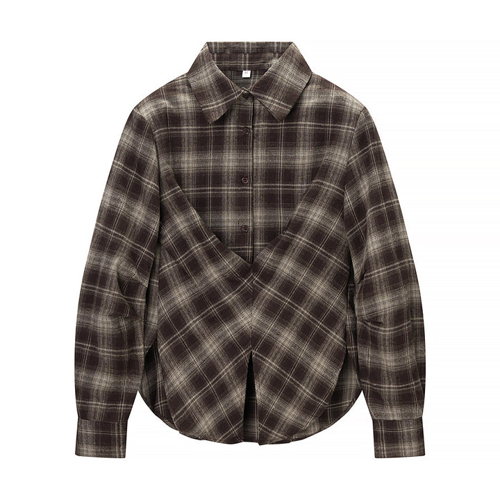 Women's Checked Shirt Blouse with Wrap Front and Rounded Hem Amarae