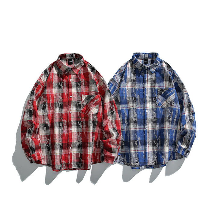Unisex Oversized Checked Flannel Shirt with Destroyed Details and Chest Pocket Amarae
