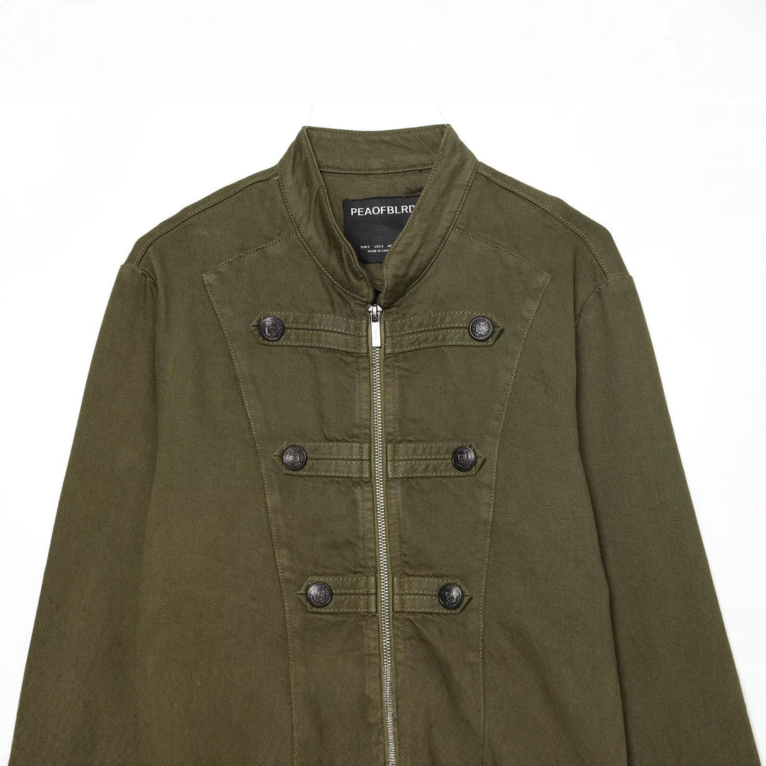 Women's Short Military-inspired Jacket with Stand Collar, Decorative Button Plackets and Full Zip Amarae