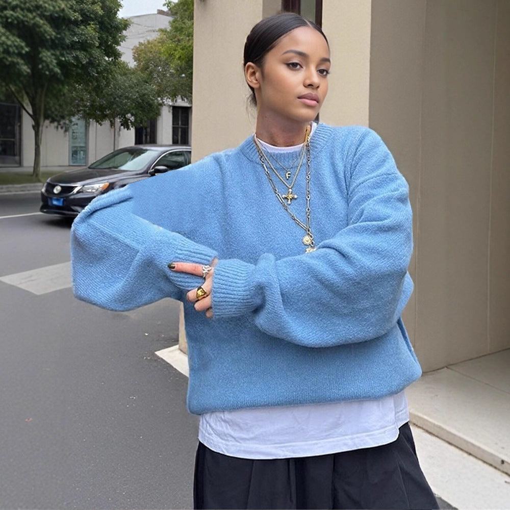 Women Fluffy Boxy Knit Sweater made of Alpaca Mix with Wide Round Neckline Amarae