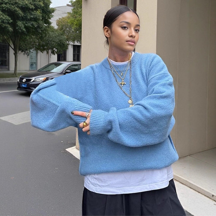 Women Fluffy Boxy Knit Sweater made of Alpaca Mix with Wide Round Neckline Amarae