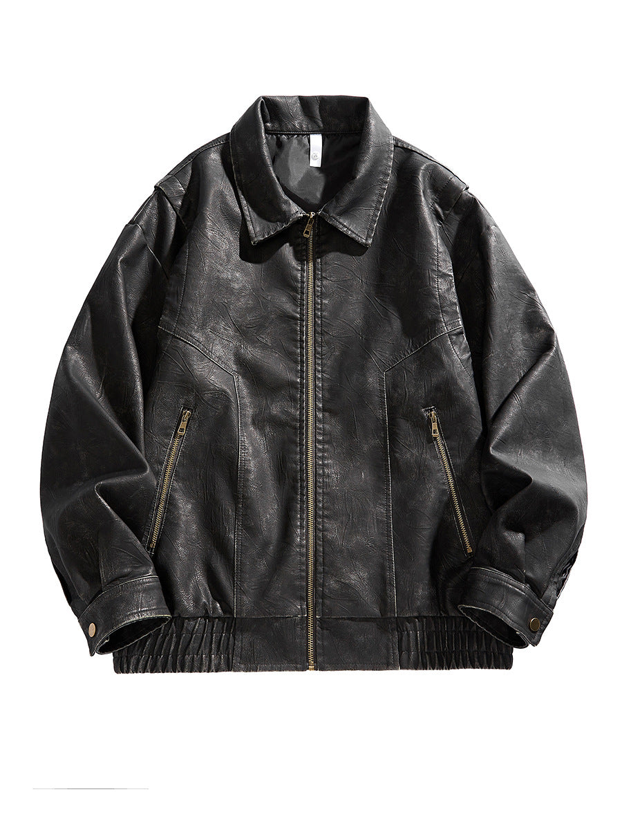 Amarae | Men's Short-Cut Leather Jacket with Elastic Waistband and Pockets