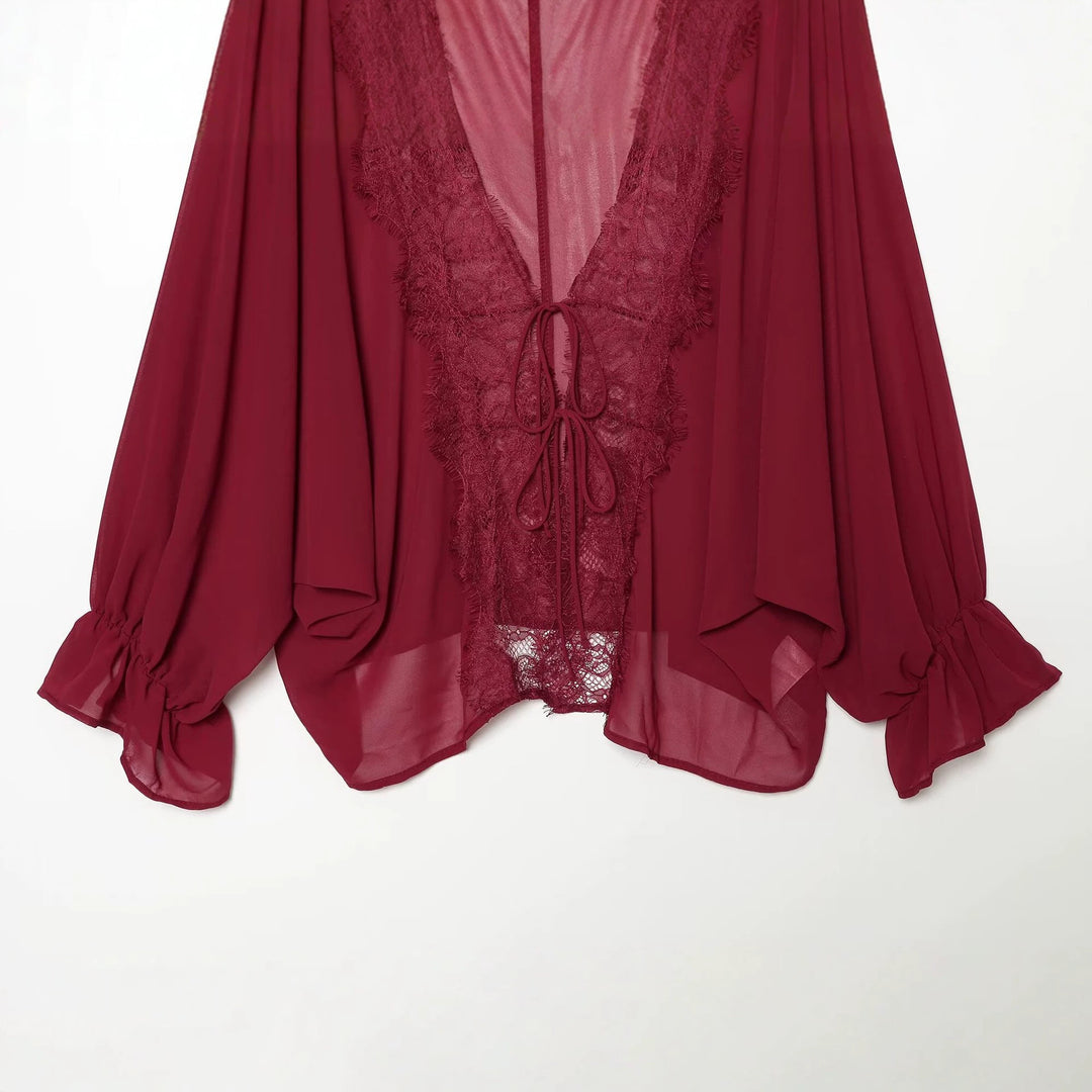 Women's Flowing Kimono Blouse with Lace Trim and Tie Band Amarae