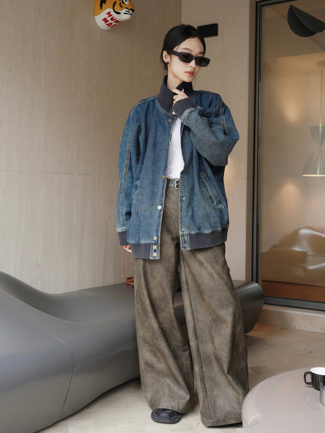 Women's Oversized Jeans Bomber Jacket with Ribbed Collar and Snap Button Front Amarae