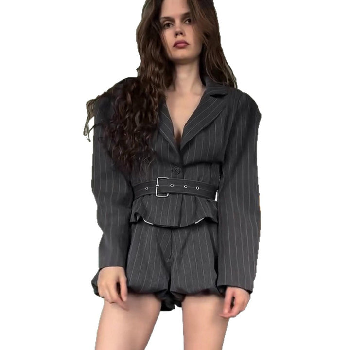 Women's Tailored Pinstriped Blazer with Shoulder-Emphasizing Balloon Sleeves and Waist Belt Amarae