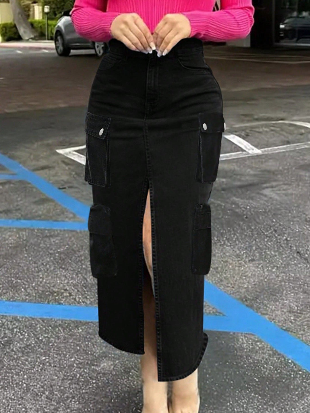 Ladies High-Waist Cargo Denim Midi Skirt with Front Slit Amarae