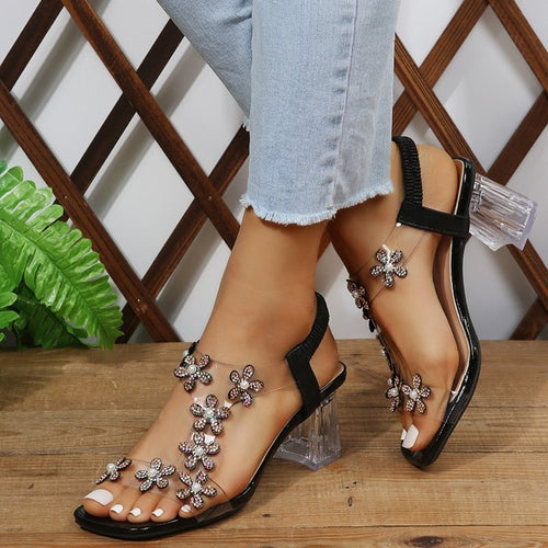 Elegant ladies sandals with floral appliqués and transparent heel Amarae