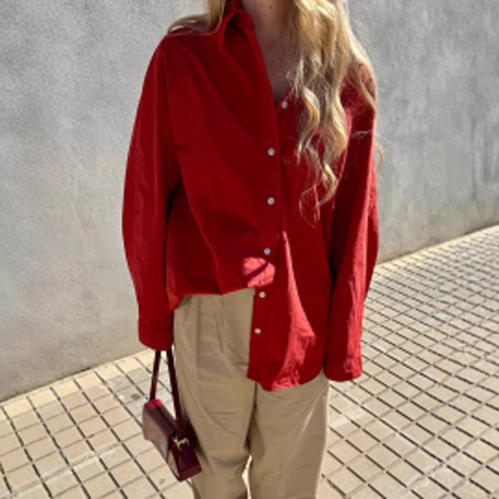 Women's loose-fitting cotton blouse with full button placket, shirt collar & roll-up sleeves Amarae