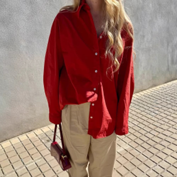 Women's loose-fitting cotton blouse with full button placket, shirt collar & roll-up sleeves Amarae