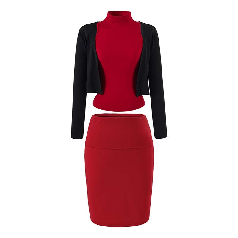 Ladies two-piece business knit set with turtleneck top, bolero, and pencil skirt Amarae