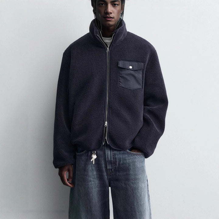 Men's Fleece Jacket with Stand-Up Collar, Two-Way Zipper and Flap Pocket Amarae