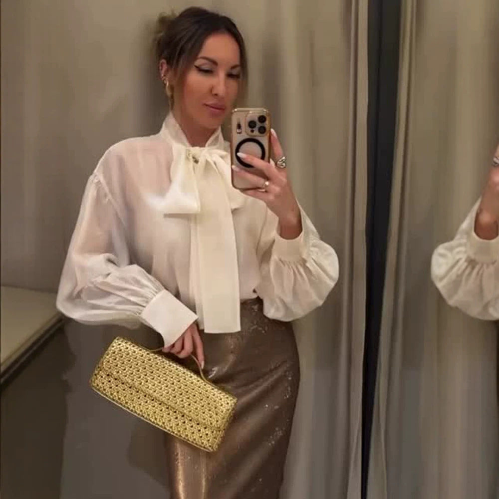 Women's Satin Bow Blouse with Balloon Sleeves & Wide Cuffs Amarae