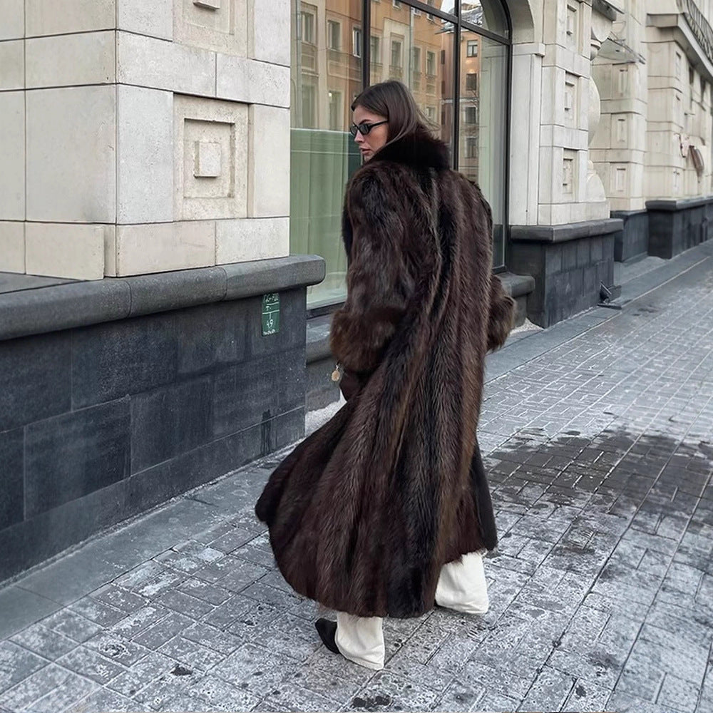 Women Luxurious Long Fur Coat with Wide Collar and Voluminous Sleeves Amarae