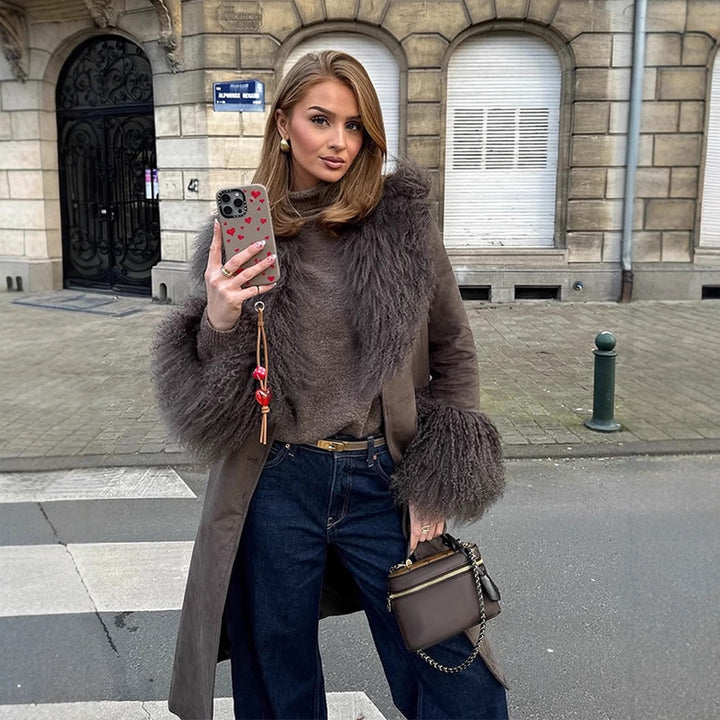 Women's coat made of suede leather look with voluminous faux fur shawl collar, fur cuffs & waist belt Amarae