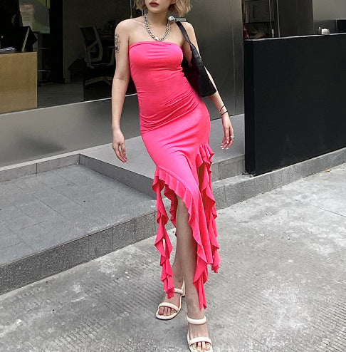 Women Elegant Split Maxi Dress with Chic Ruffles and Style