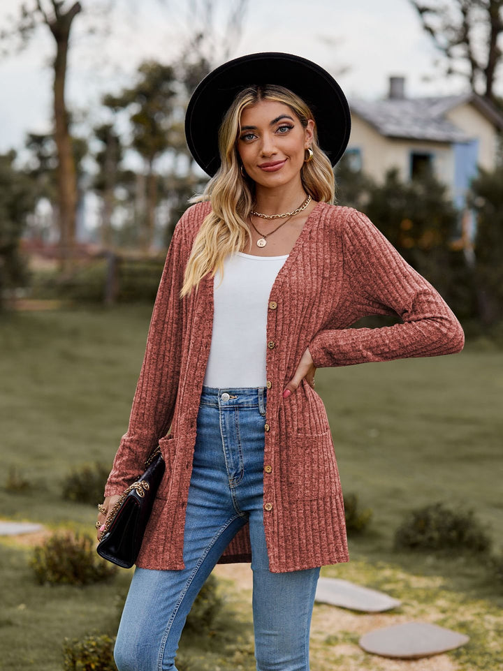 Women’s casual knit cardigan with button details and practical pockets Lune London