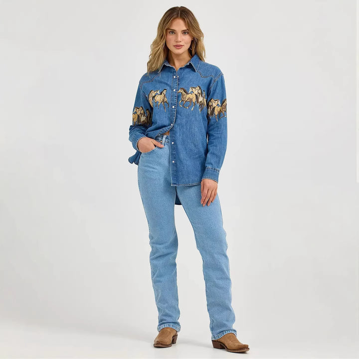 Ladies' denim shirt with creative horse design and high-quality cotton blend Lune London