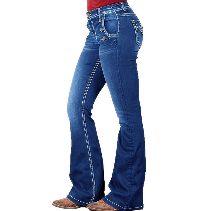 Ladies' Waist-Cinched Bootcut Jeans with Decorative Button Appliqué and Contrast Stitching Amarae