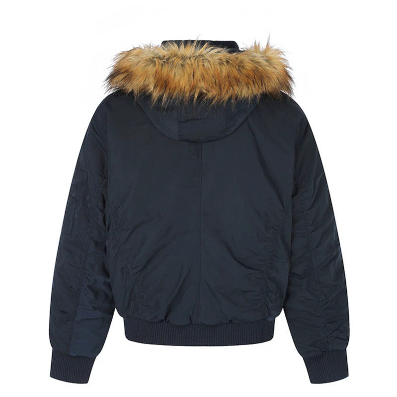 Women's short-cut bomber jacket with faux fur hood and eyelet application Amarae