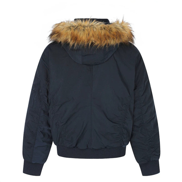 Women's short-cut bomber jacket with faux fur hood and eyelet application Amarae