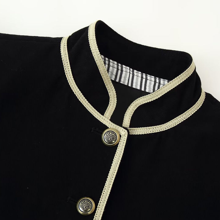 Women's Short Blazer with Stand Collar, Golden Cord Trim and Decorative Buttons Amarae