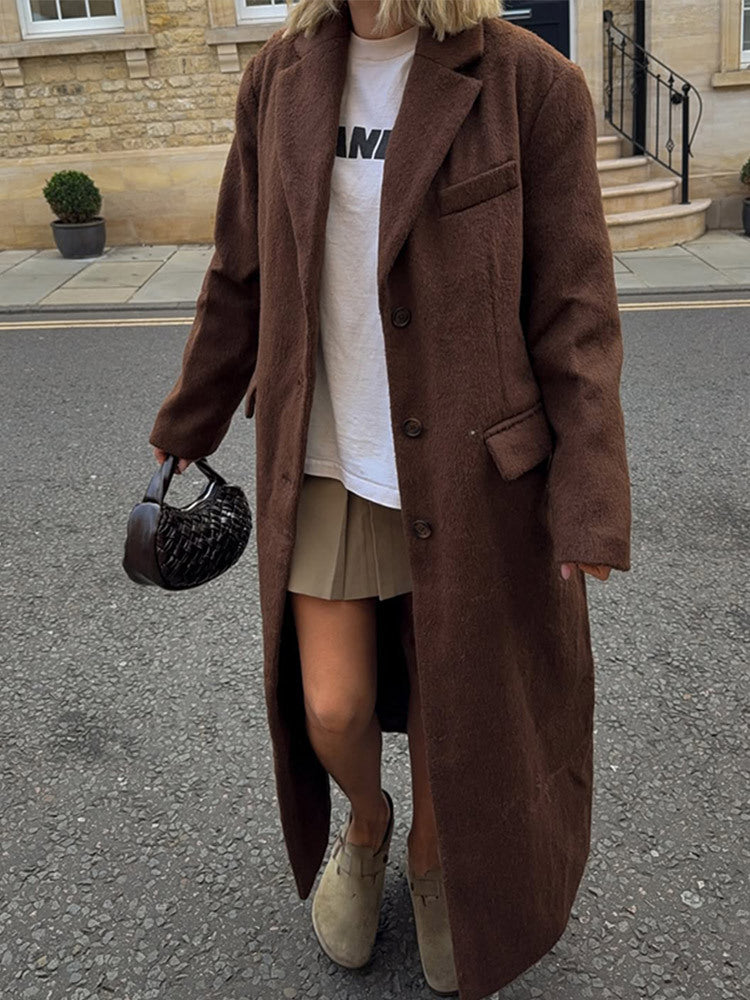 Women's Maxi Long Boxy Coat made of Teddy Faux Fur with Notched Collar and Pockets Amarae