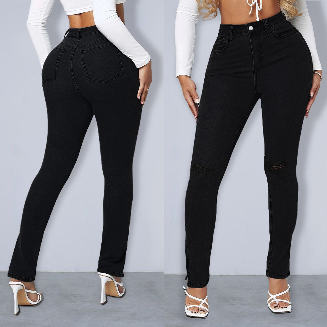 Women's Sculpting High-Waist Skinny Jeans with Knee Slits and Ankle Zippers Amarae