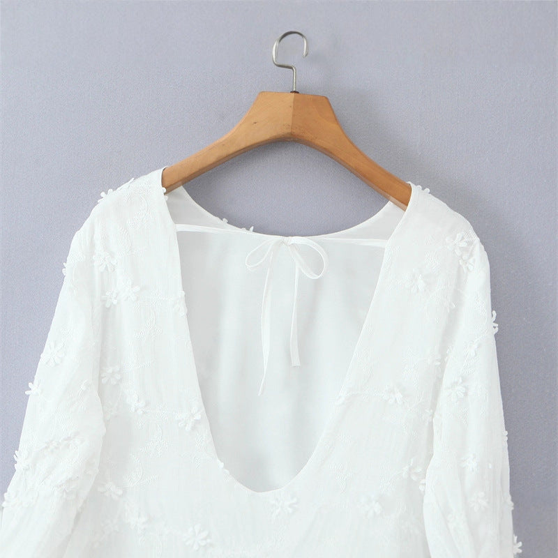 Airy blouse dress for women with floral embroidery and ruffled sleeves Lune London