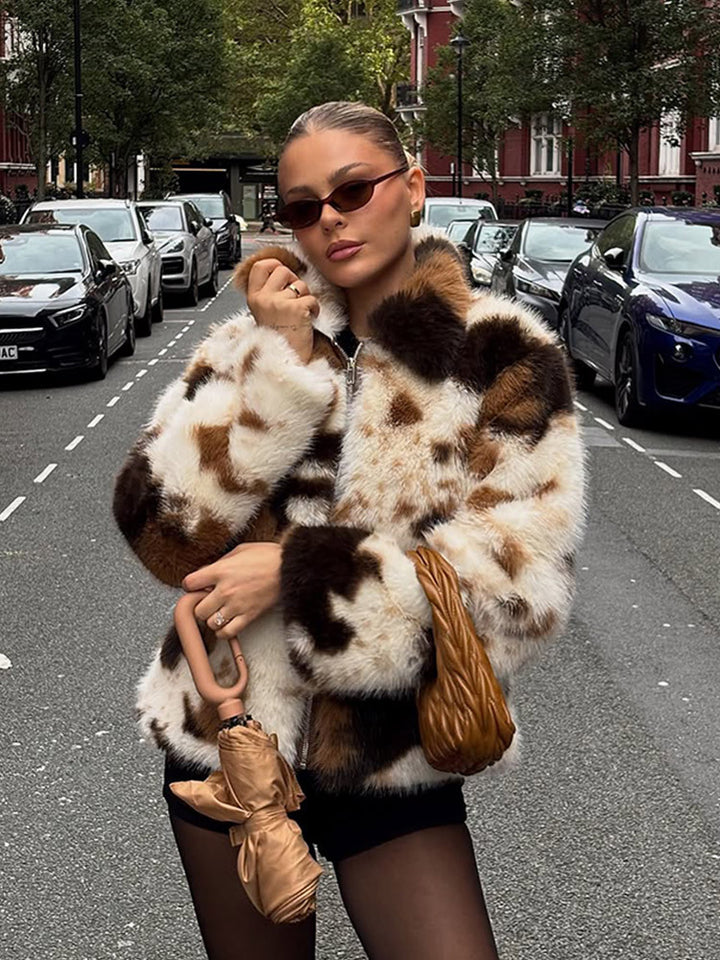 Women's Short Patchwork Faux Fur Blouson with Stand Collar and Concealed Zipper Amarae