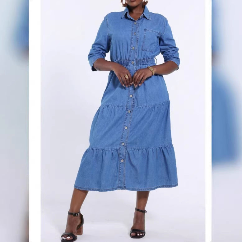 Women's Long Denim Dress with Tiered Skirt, Shirt Collar and Waist-Emphasizing Elastic Amarae