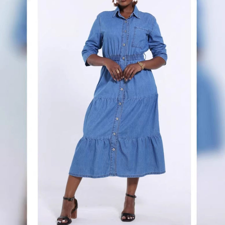 Women's Long Denim Dress with Tiered Skirt, Shirt Collar and Waist-Emphasizing Elastic Amarae