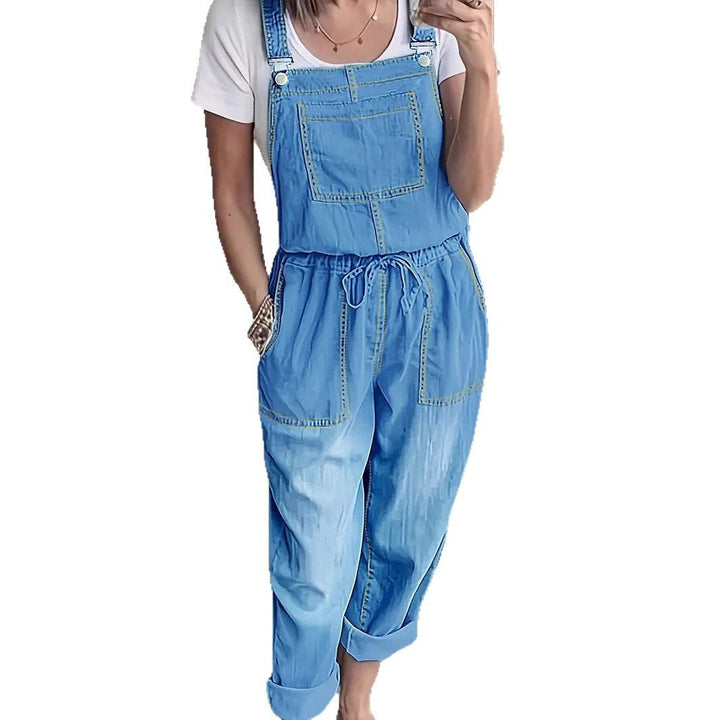 Women's overall jumpsuit made of lightweight denim with a drawstring waistband, patch pockets, and turned-up hem Amarae