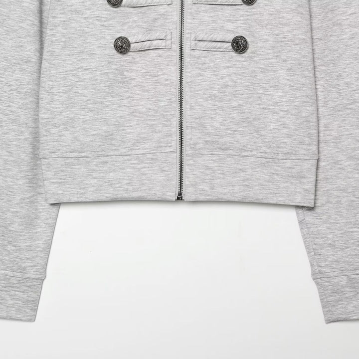 Women's Cropped Sweat Jacket with Stand-Up Collar and Military Decorative Button Rows Amarae