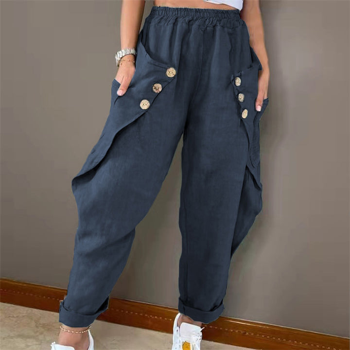 Women Casual Chino Pants with Button-Adorned Pockets Lune London