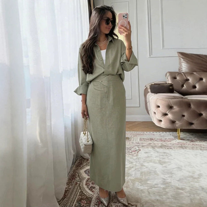 Women's Two-Piece Linen Set with Oversized Shirt and Fitted Maxi Skirt Amarae
