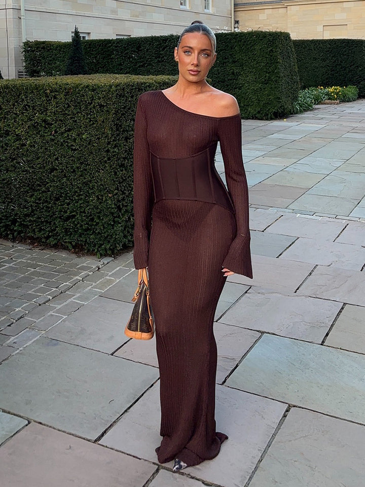 Women's One-Shoulder Maxi Dress with Shaping Corset Waist and Ribbed Knit Amarae