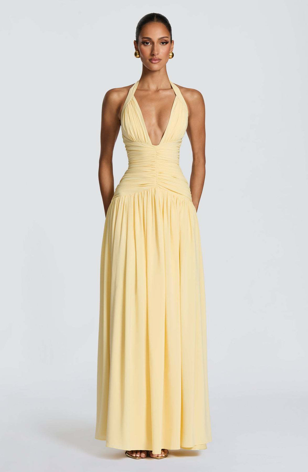 Women's Elegant Maxi Dress with Strapless Neckline and Sophisticated Draping Lune London